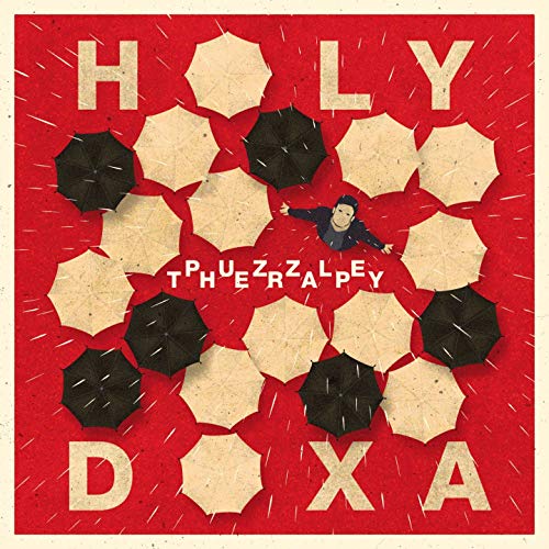 Red album cover with umbrellas, a figure, and text "Holy Doxa - Puzzle Therapy".