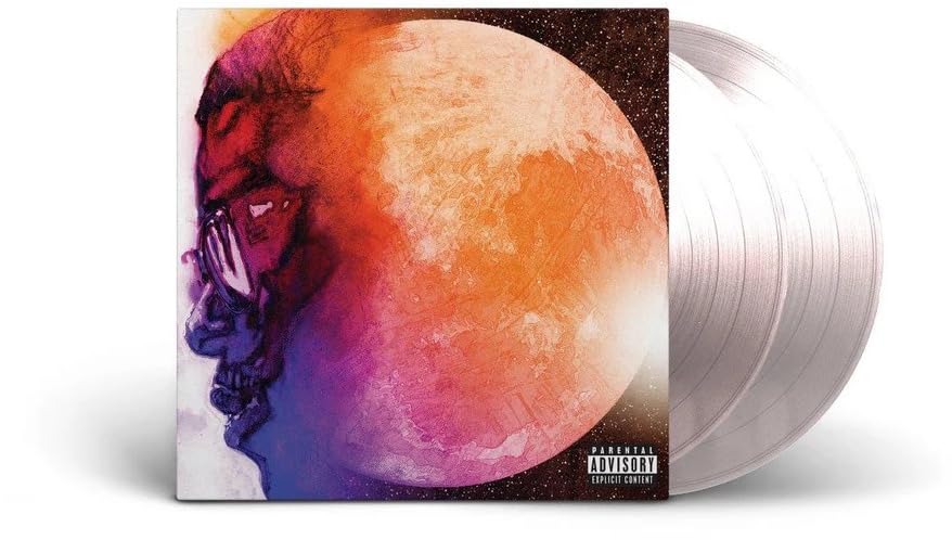 Kid Cudi album cover with a lunar image and vinyl records.