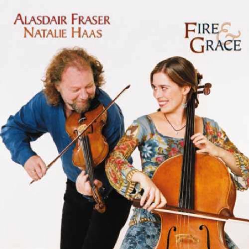 Alasdair Fraser and Natalie Haas holding violins and a cello, album cover.