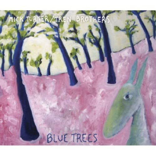 Painted album cover with blue trees, pink ground, and a green horse head.