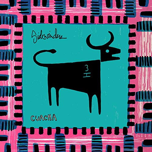 Vinyl record cover: turquoise square with black bull and pink border.