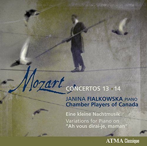 CD cover: Mozart concertos with a tightrope walker and birds.