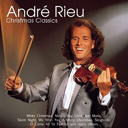 André Rieu holding a violin, album cover for “Christmas Classics.”