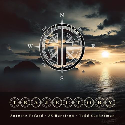 CD cover: compass rose over a stormy seascape, title "Trajectory".