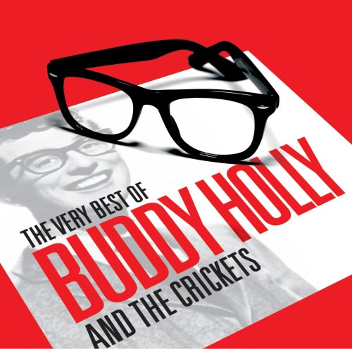 Buddy Holly album cover with black glasses on a red background.