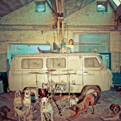 CD cover: person on van with dogs and drum kit.
