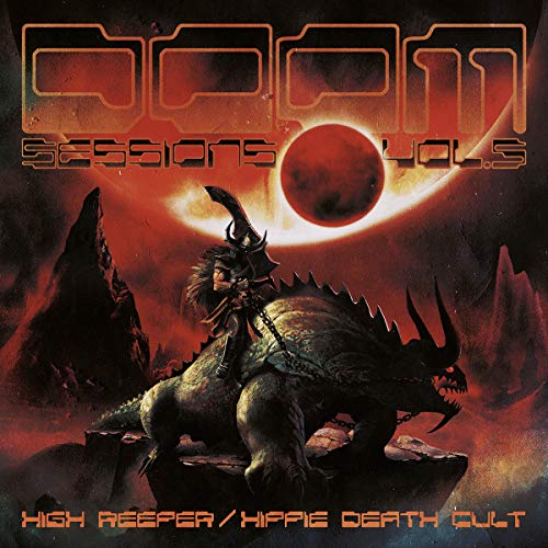 Album cover: fantasy art with a dinosaur, samurai, and red sun.
