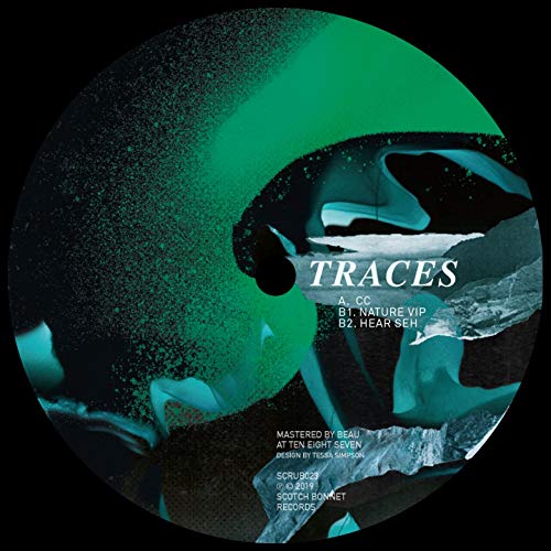 Vinyl record label with abstract green and black marbled design and text.