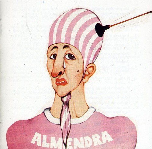 Illustration of a sad man with a striped cap and the word "ALMENDRA".
