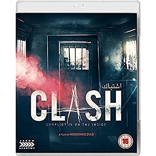 Blu-ray case for “Clash” film, showing a doorway with smoke and Arabic text.