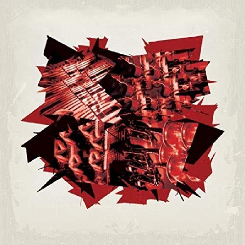 Red and black abstract collage with distressed texture, vinyl record artwork.