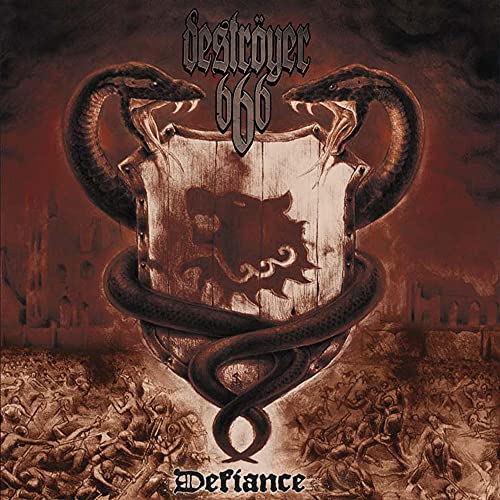 CD cover: snakes flanking a shield with a fiery battlefield below.