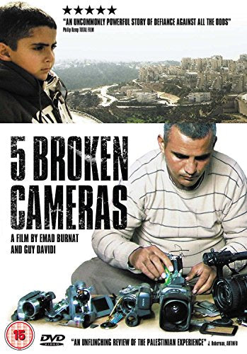 DVD cover for “5 Broken Cameras” featuring a boy, man, and cameras.
