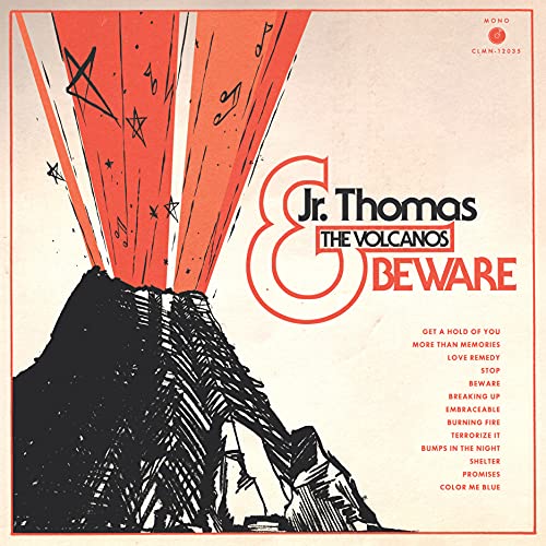 Vinyl record cover for Jr. Thomas & The Volcanos' "Beware," featuring a volcano.