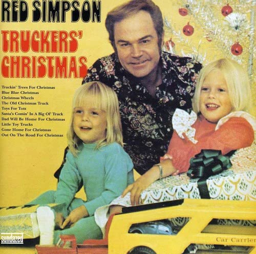 Red Simpson's "Truckers' Christmas" CD cover with a man and two children.