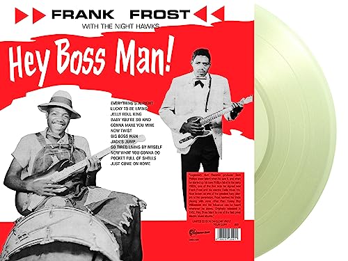 Frank Frost album cover with musician and clear vinyl record.
