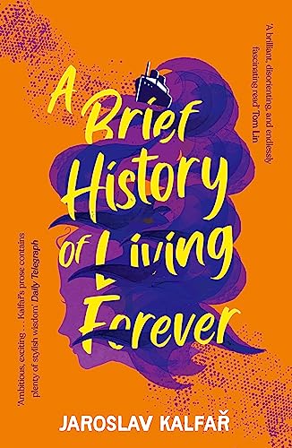 Book cover with orange background, yellow title text, and a purple abstract silhouette.