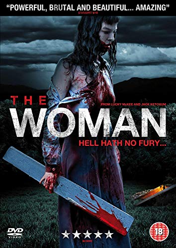 A bloodied woman holds a wooden plank against a dark, stormy outdoor background.