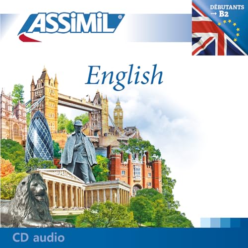 Cover of "English" language course with London landmarks and flags.
