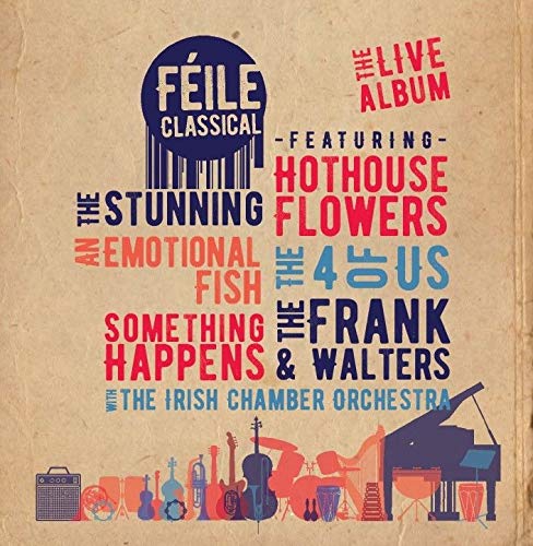 A colorful album cover with musical instruments and text on a brown background.
