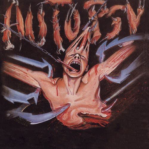 Gory album cover depicting a screaming figure impaled and dismembered.