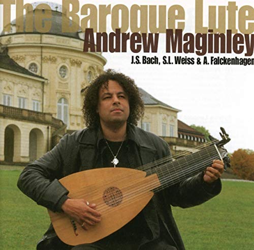 Andrew Maginley holding a baroque lute in front of a building.