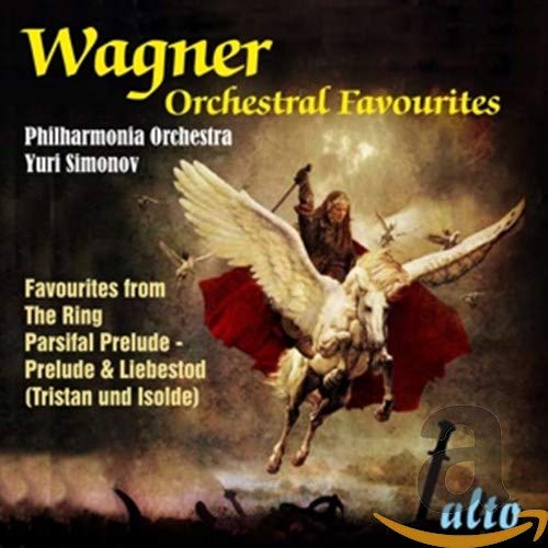 CD cover: Wagner orchestral favorites with winged figure and orchestra details.