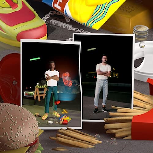 Album cover featuring a man in a nighttime urban setting with fast food.
