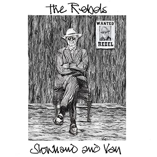 Black and white sketch of Eric Clapton as "The Rebel" with wanted poster.