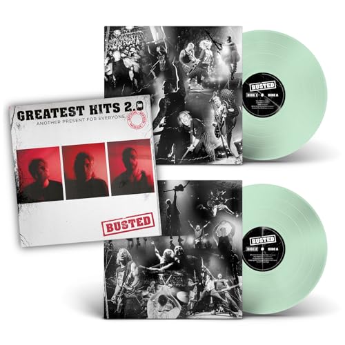 Busted’s “Greatest Hits 2.0” vinyl record with album cover and two pale green discs.