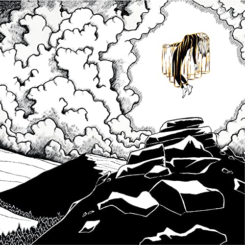Black and white illustration of a figure falling amidst clouds and mountains.