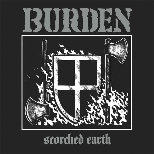 Black and white album cover with axes and a flaming shield design.