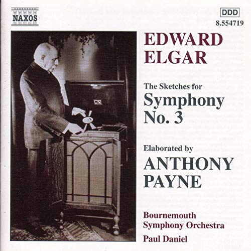 CD cover featuring a man at an antique phonograph, text details composers Elgar & Payne.