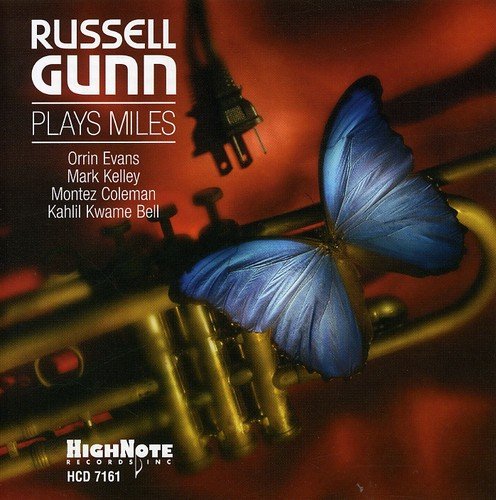 CD cover: Russell Gunn album “Plays Miles” with trumpet and butterfly.