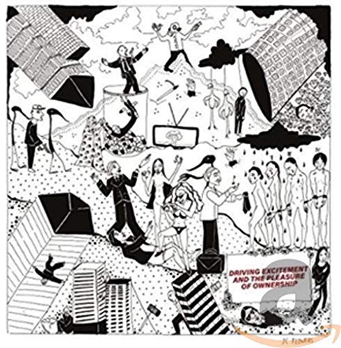 Black and white album cover with abstract figures and buildings.