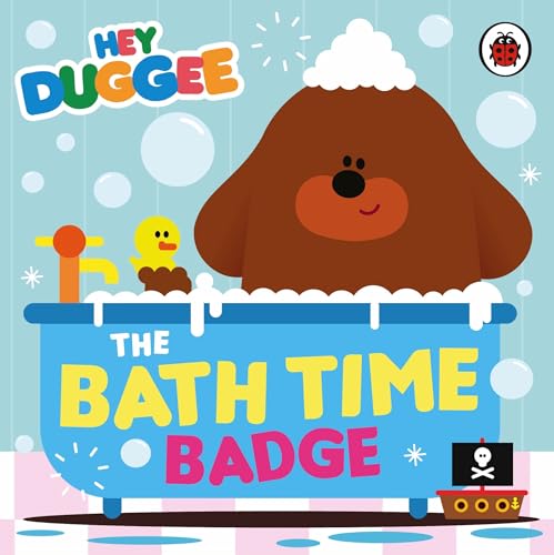 Duggee in a bubbly blue bathtub with a rubber duck and boat.