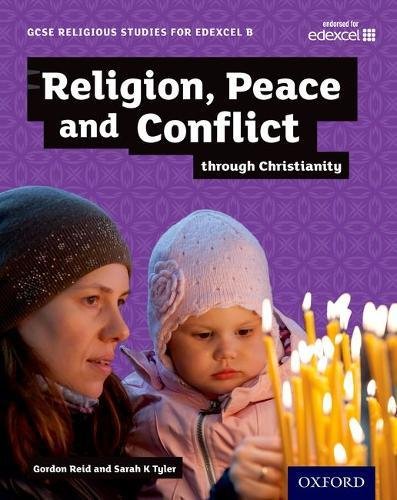 Textbook cover with mother, child, and lit candles, titled “Religion, Peace and Conflict”.