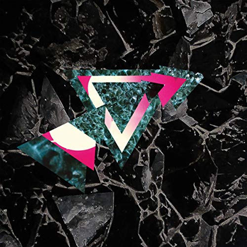 Abstract geometric design with pink and teal triangles on black texture.
