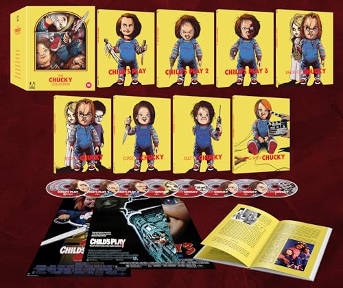 The Chucky Collection" Blu-ray box set featuring images of the Chucky doll.