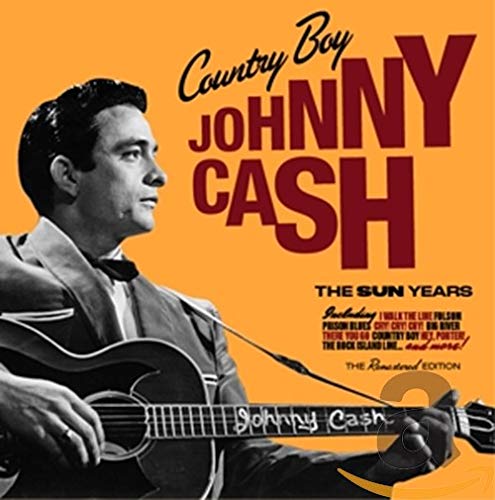 Johnny Cash playing an acoustic guitar on a yellow background with album text.