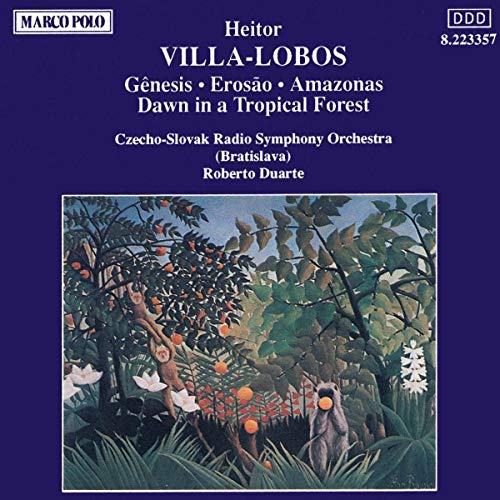 CD cover for Villa-Lobos’ “Amazonas” featuring rainforest painting and text.