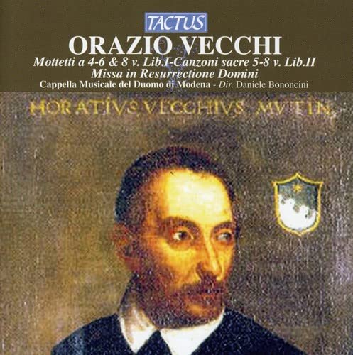 CD cover featuring a portrait of composer Orazio Vecchi and heraldry.