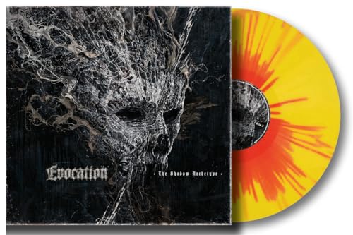 Evocation album cover and sunburst yellow/red vinyl record shown.