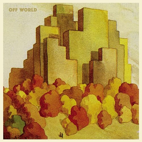 Watercolor illustration of blocky yellow buildings rising above a forest of autumn-colored trees.