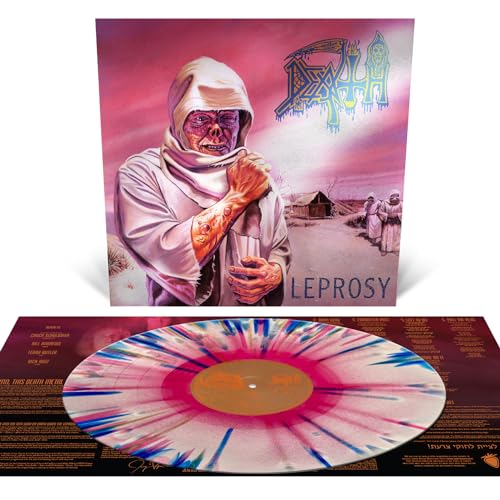 Death’s “Leprosy” vinyl record with colorful splatter pattern and album cover.