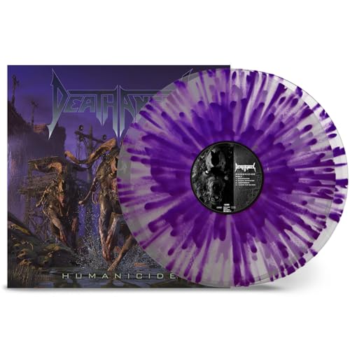 Death Angel "Humanicide" vinyl record with purple and white swirl pattern.
