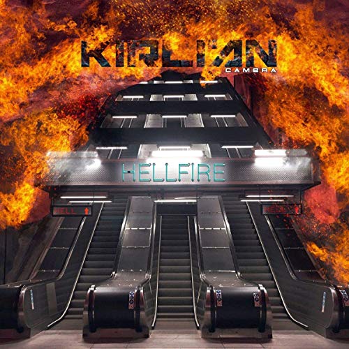 Album cover for Kirlian Camera’s “Hellfire” featuring a fiery, burning subway station.