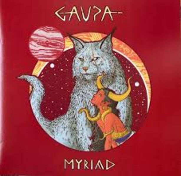 Red album cover with a lynx and horned figure in front of planets.