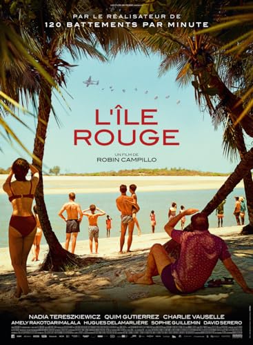 Beach scene with people, palm trees, and red text reading "L'Île Rouge".