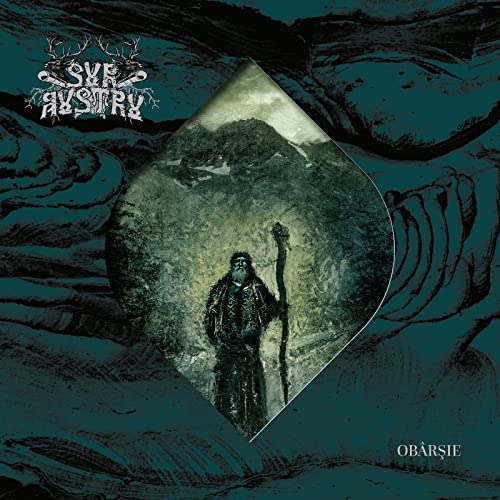 CD cover: figure with staff before mountains, dark teal and black tones.